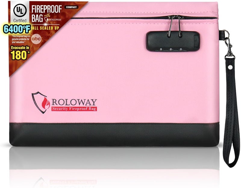 ROLOWAY Fireproof Money Bag with Lock for Cash, 6400°F Fire Proof Document Bag (12.2 x 8.5 x 1.6 inches), Money Pouch with Zipper (Pink) - Image 1